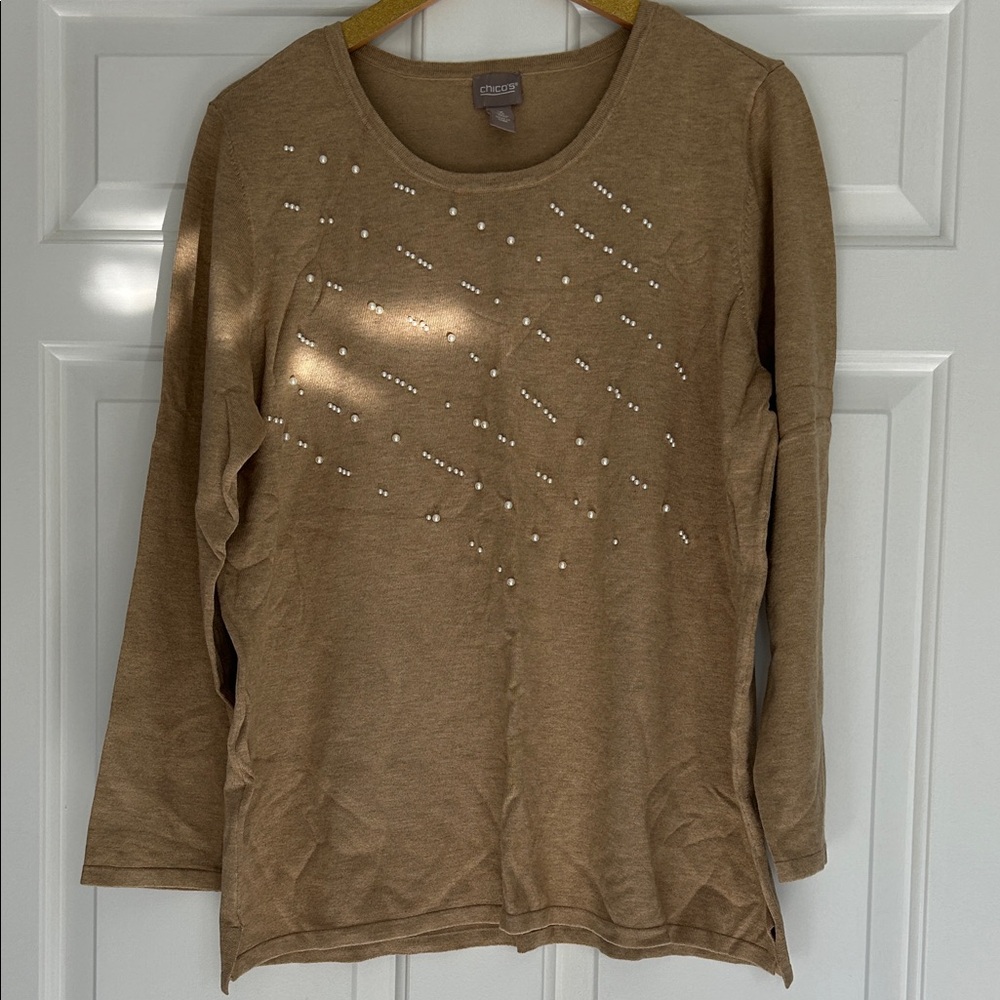 Chico's camel colored embellished sweater.